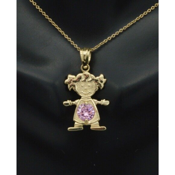 14k solid yellow gold boy or girl Month Birthstone cz Stone charm Necklace - Picture 5 of 10